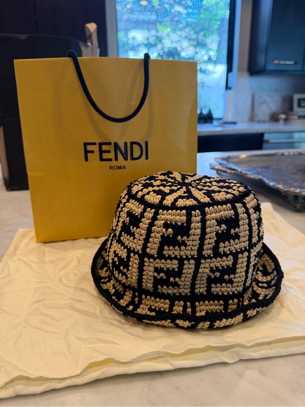 BRAND NEW Fendi Raffia
Bucket Hat in Small/Medium in Beige
